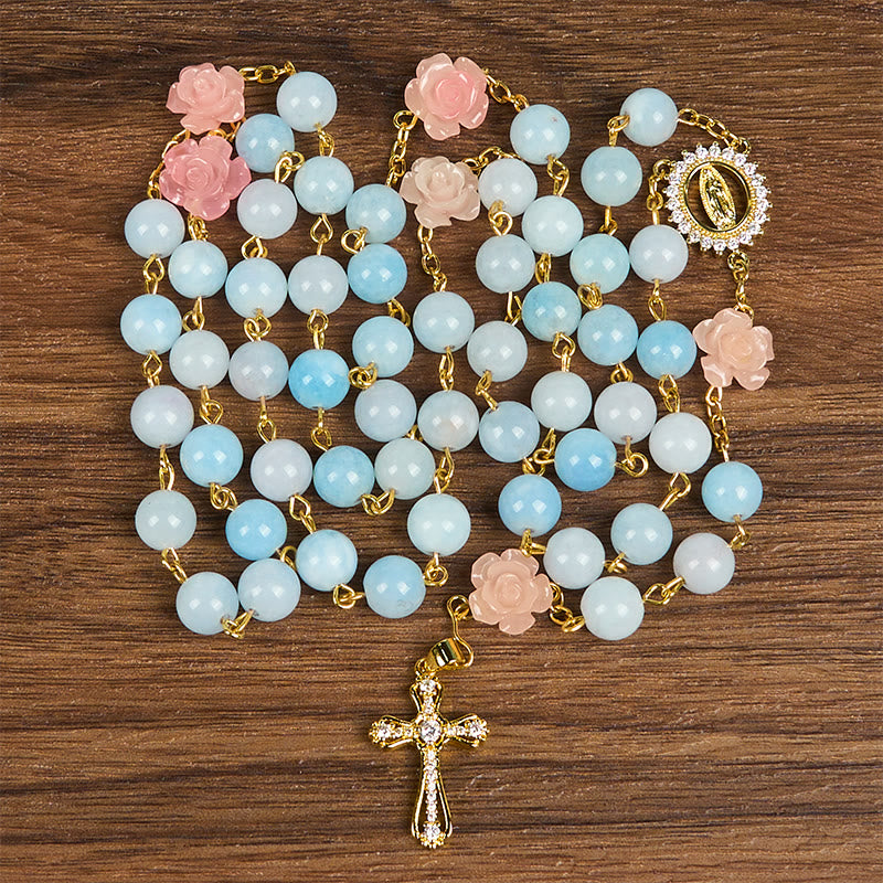 Christianartworkshop Our Lady of Guadalupe & Crucifix of 8mm Blue Aquamarine Chalcedony Beads Rosary