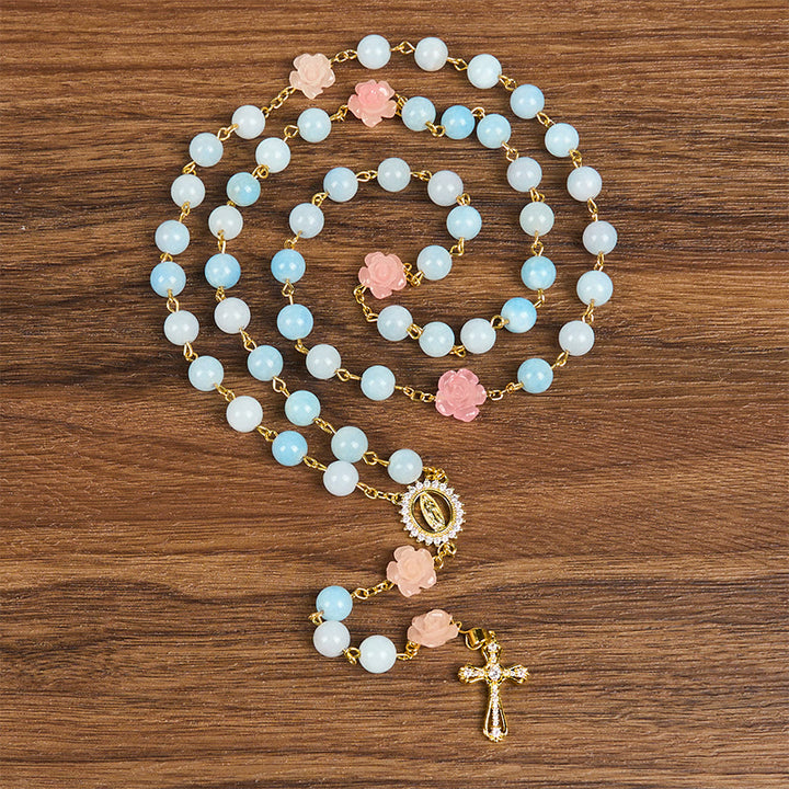 Christianartworkshop Our Lady of Guadalupe & Crucifix of 8mm Blue Aquamarine Chalcedony Beads Rosary