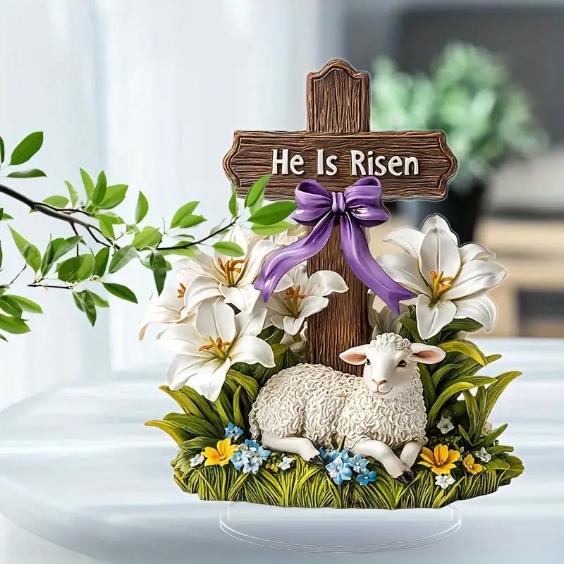 Christianartworkshop Easter Resurrection with He Is Risen Cross and Lamb Flat Ornament - image 2