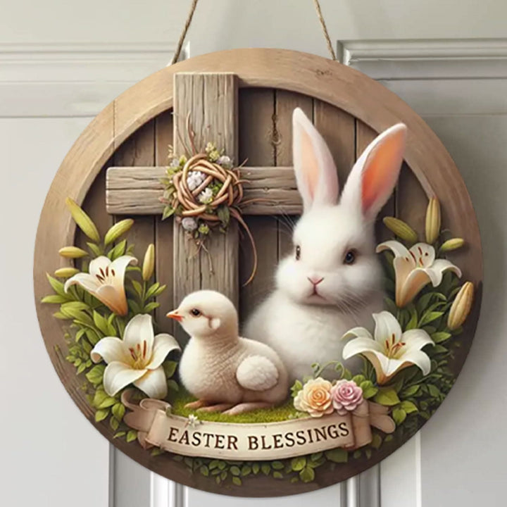 Christianartworkshop Easter Bunny & Cross Easter Blessing Garden Wooden Hanging Ornament