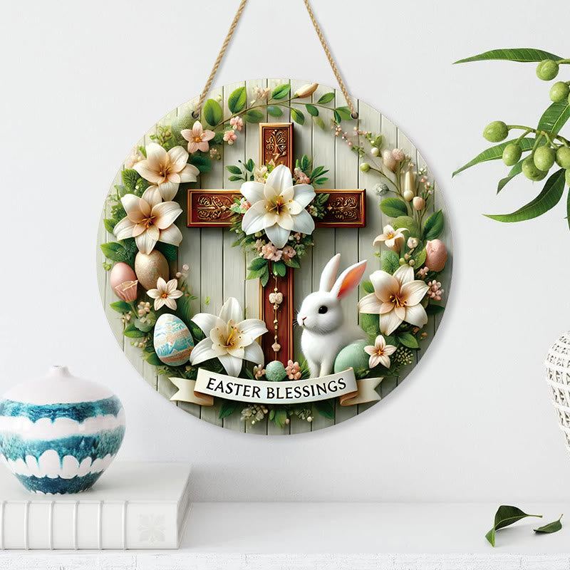 Christianartworkshop Easter Blessing Floral Garden Cross Wooden Hanging Ornament