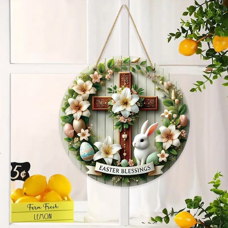 Christianartworkshop Easter Blessing Floral Garden Cross Wooden Hanging Ornament