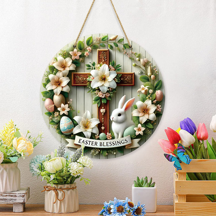 Christianartworkshop Easter Blessing Floral Garden Cross Wooden Hanging Ornament