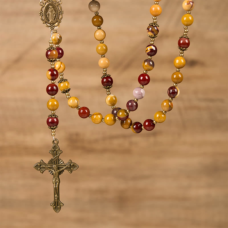 Christianartworkshop Miraculous Medal & Crucifix of 8mm Natural Egg Yolk Jade Rosary - Handcrafted Rosary Beads