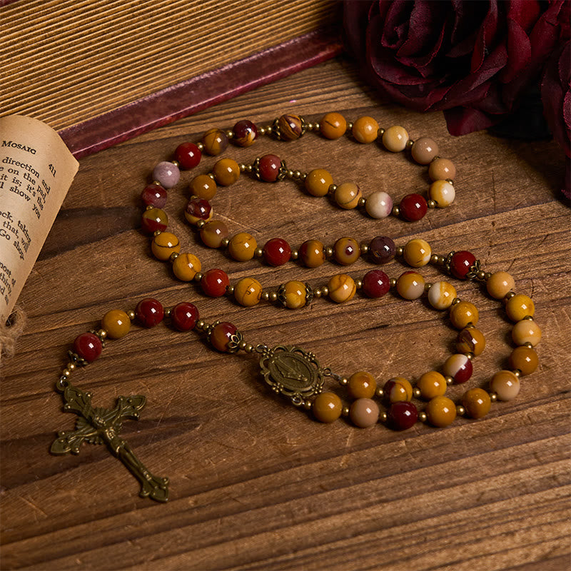 Christianartworkshop Miraculous Medal & Crucifix of 8mm Natural Egg Yolk Jade Rosary - Handcrafted Rosary Beads