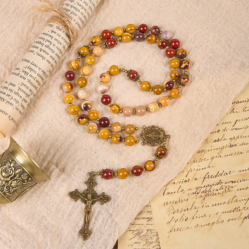 Christianartworkshop Miraculous Medal & Crucifix of 8mm Natural Egg Yolk Jade Rosary - Handcrafted Rosary Beads