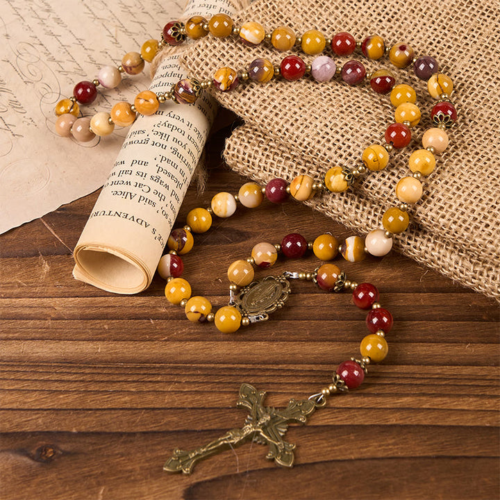 Christianartworkshop Miraculous Medal & Crucifix of 8mm Natural Egg Yolk Jade Rosary - Handcrafted Rosary Beads