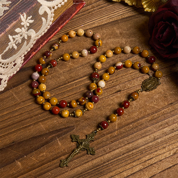 Christianartworkshop Miraculous Medal & Crucifix of 8mm Natural Egg Yolk Jade Rosary - Handcrafted Rosary Beads