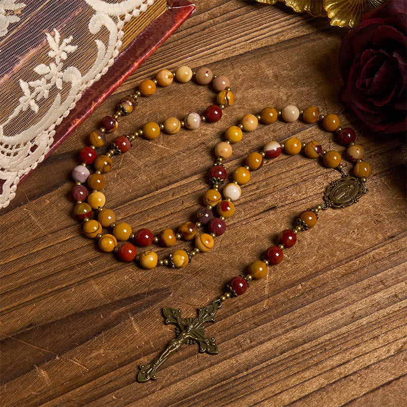 Christianartworkshop Miraculous Medal & Crucifix of 8mm Natural Egg Yolk Jade Rosary - Handcrafted Rosary Beads - Miraculous Medal & Crucifix - image 0