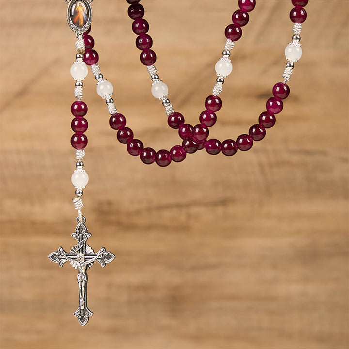 Christianartworkshop Divine Mercy & Crucifix of 8mm Garnet Chalcedony Rosary - Handmade Divine Beads