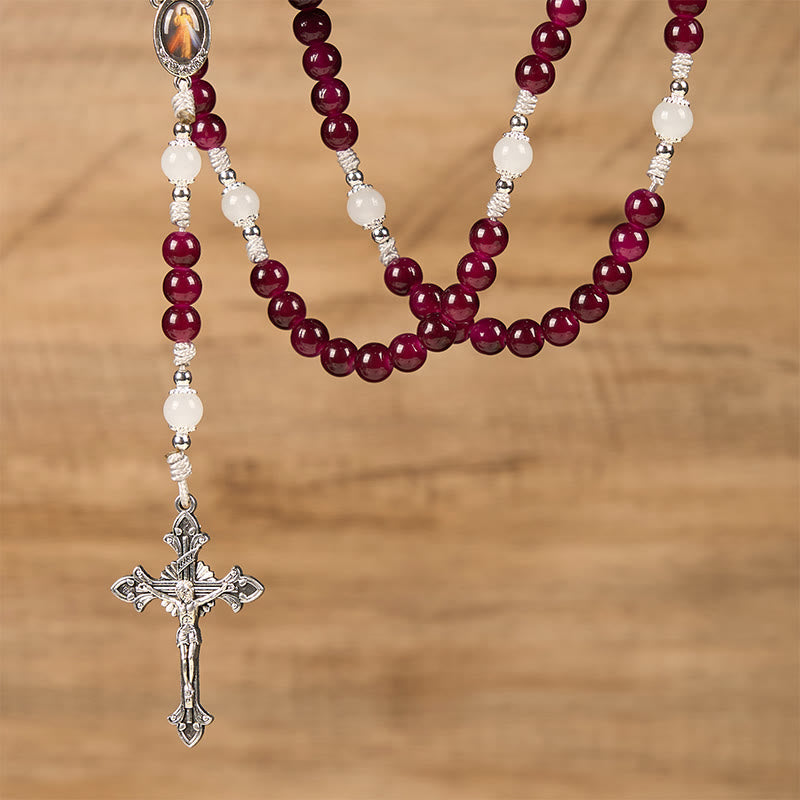 FREE Today: Divine Mercy & Crucifix of 8mm Garnet Chalcedony Rosary - Handmade Divine Beads