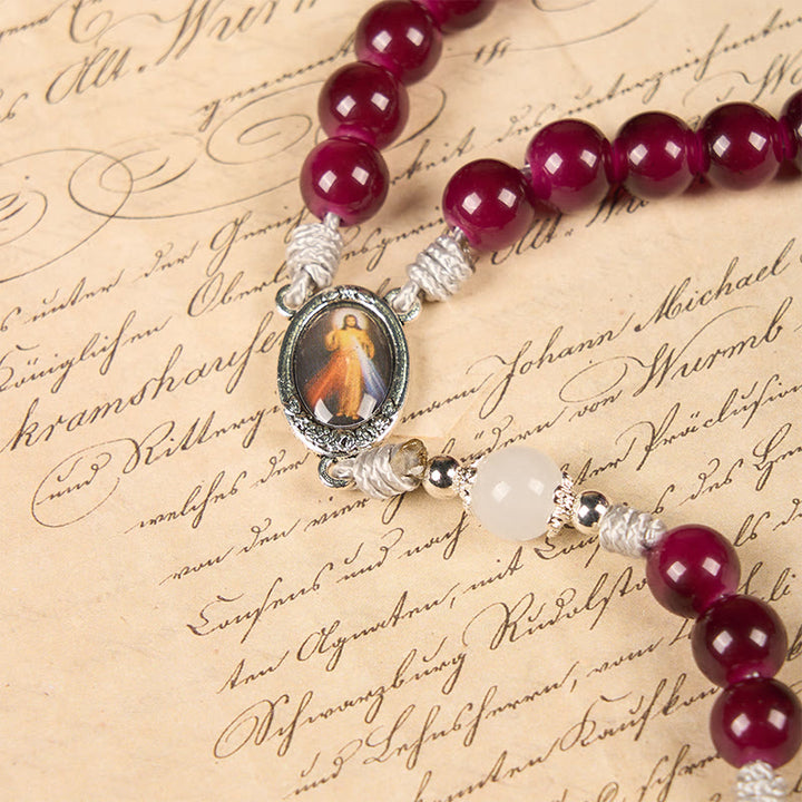 Christianartworkshop Divine Mercy & Crucifix of 8mm Garnet Chalcedony Rosary - Handmade Divine Beads