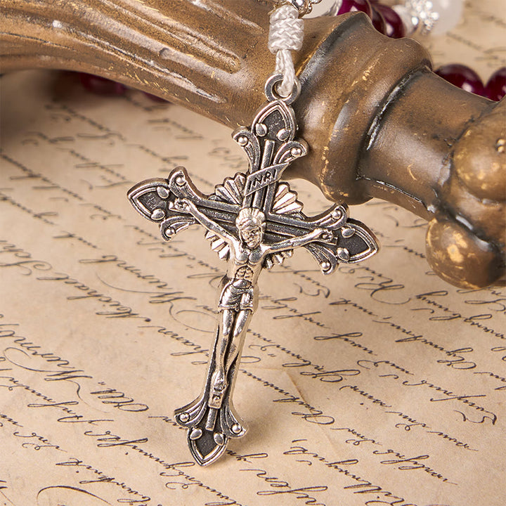 FREE Today: Divine Mercy & Crucifix of 8mm Garnet Chalcedony Rosary - Handmade Divine Beads