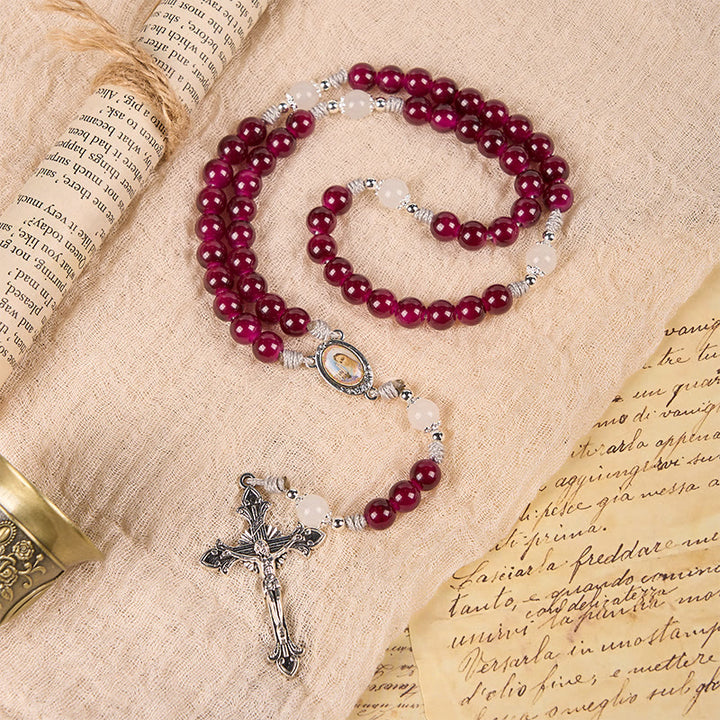 Christianartworkshop Divine Mercy & Crucifix of 8mm Garnet Chalcedony Rosary - Handmade Divine Beads