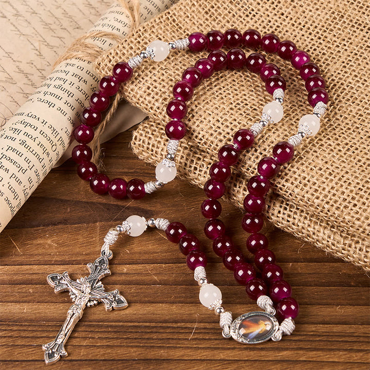 Christianartworkshop Divine Mercy & Crucifix of 8mm Garnet Chalcedony Rosary - Handmade Divine Beads