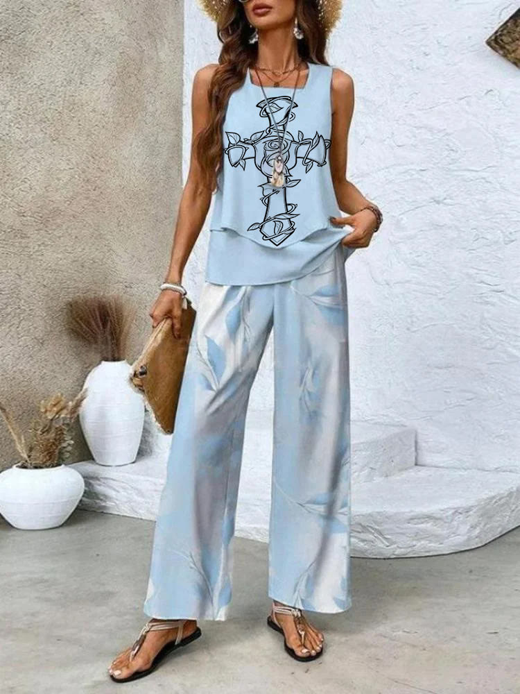 Christianartworkshop Faithful Elegance Christian-Inspired Sleeveless Layered Top and Pants Set