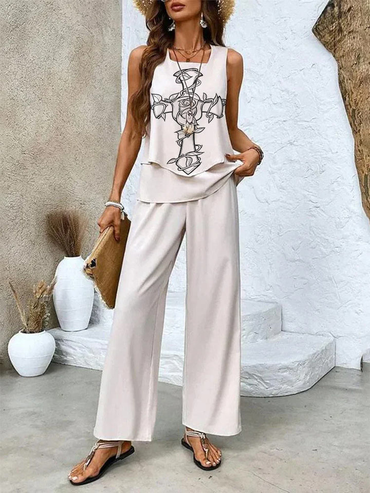 Christianartworkshop Faithful Elegance Christian-Inspired Sleeveless Layered Top and Pants Set