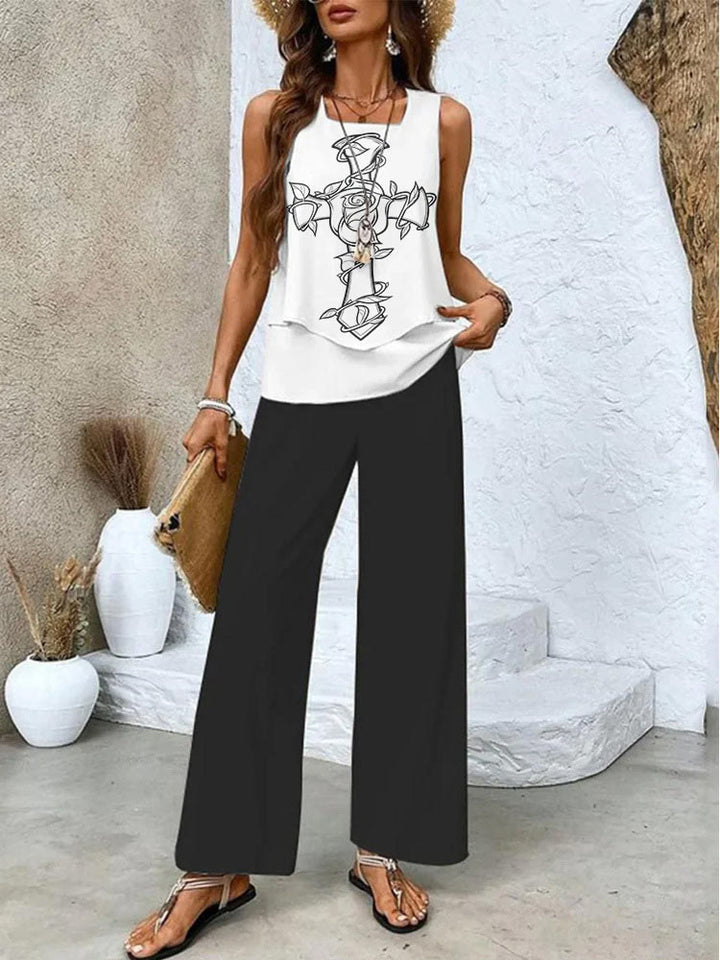 Christianartworkshop Faithful Elegance Christian-Inspired Sleeveless Layered Top and Pants Set