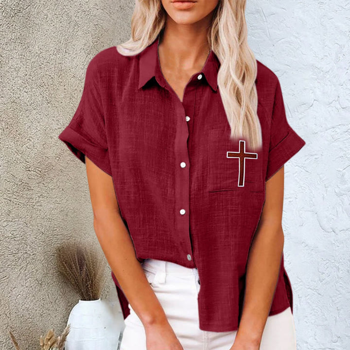 Christianartworkshop Divine Grace Christian Cross Pocket Linen Short Sleeve Shirt