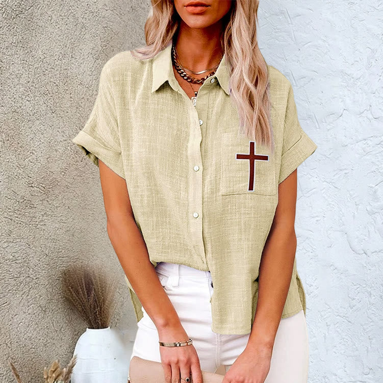 Christianartworkshop Divine Grace Christian Cross Pocket Linen Short Sleeve Shirt