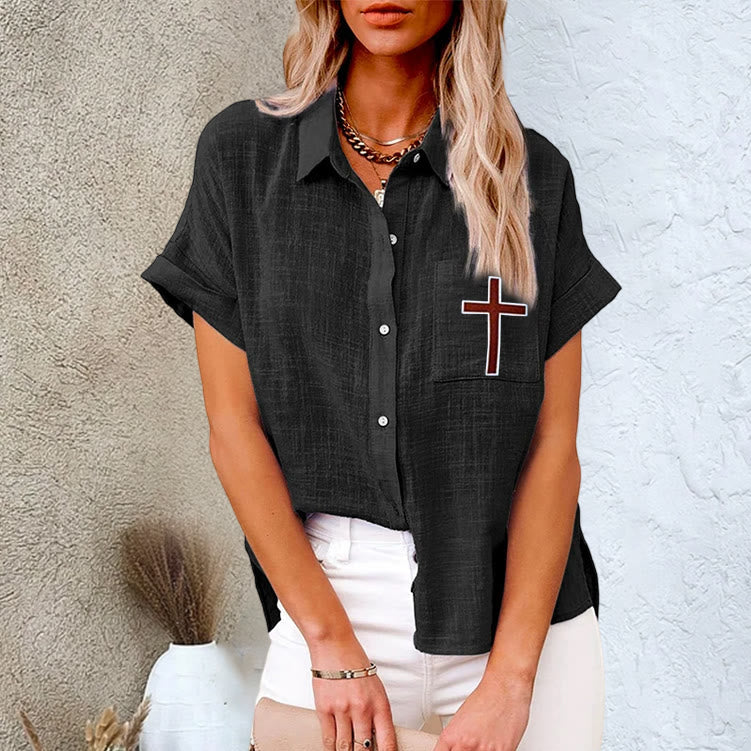 Christianartworkshop Divine Grace Christian Cross Pocket Linen Short Sleeve Shirt