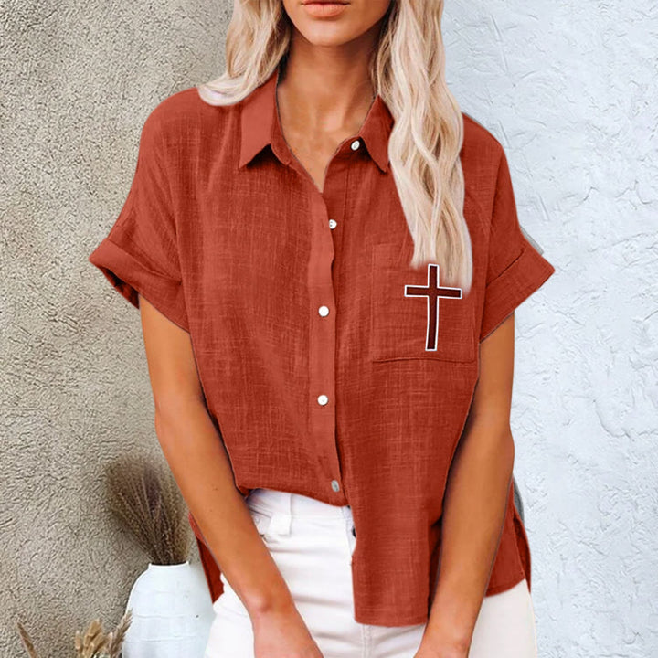 Christianartworkshop Divine Grace Christian Cross Pocket Linen Short Sleeve Shirt