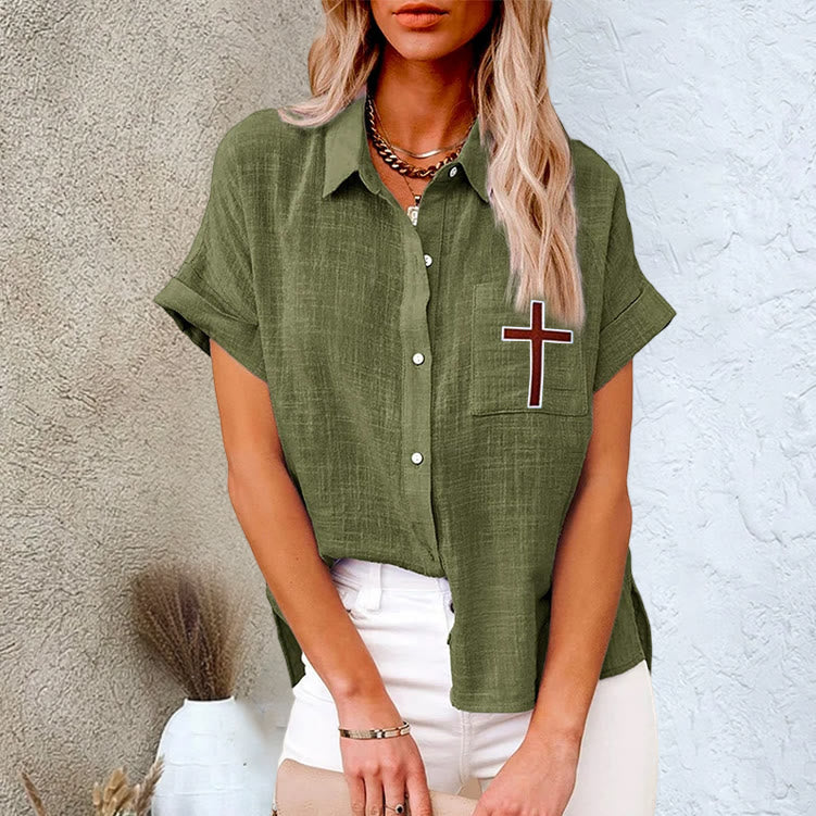 Christianartworkshop Divine Grace Christian Cross Pocket Linen Short Sleeve Shirt