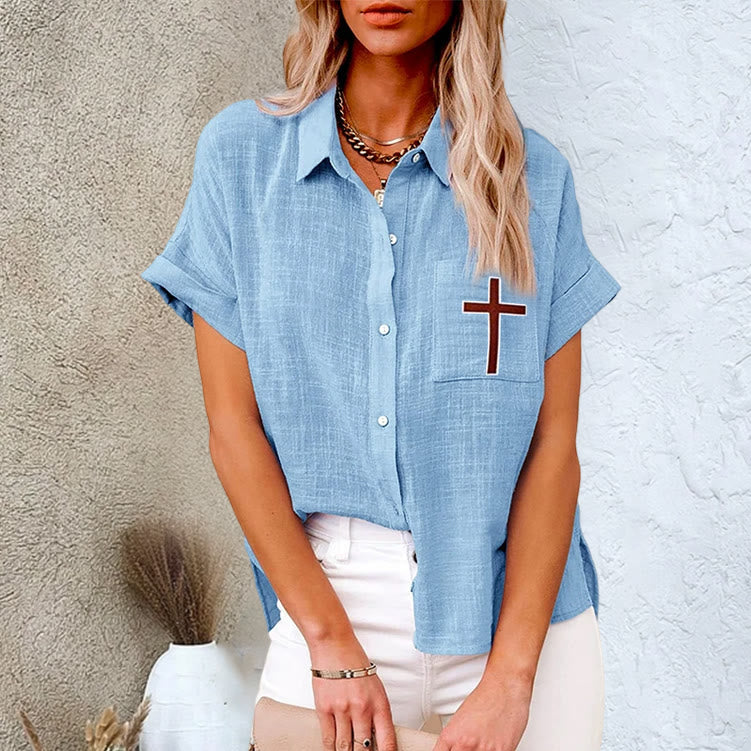 Christianartworkshop Divine Grace Christian Cross Pocket Linen Short Sleeve Shirt