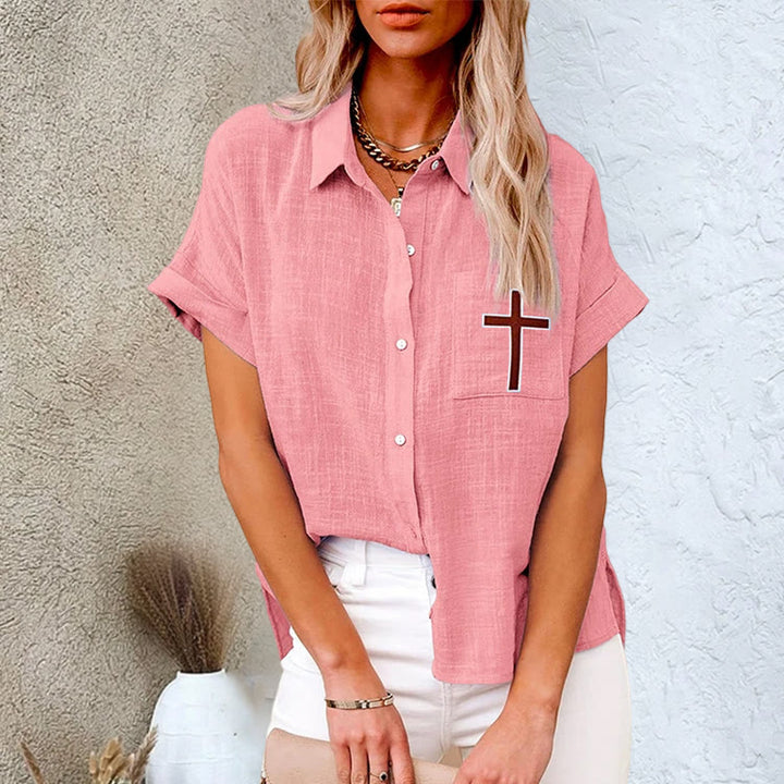 Christianartworkshop Divine Grace Christian Cross Pocket Linen Short Sleeve Shirt