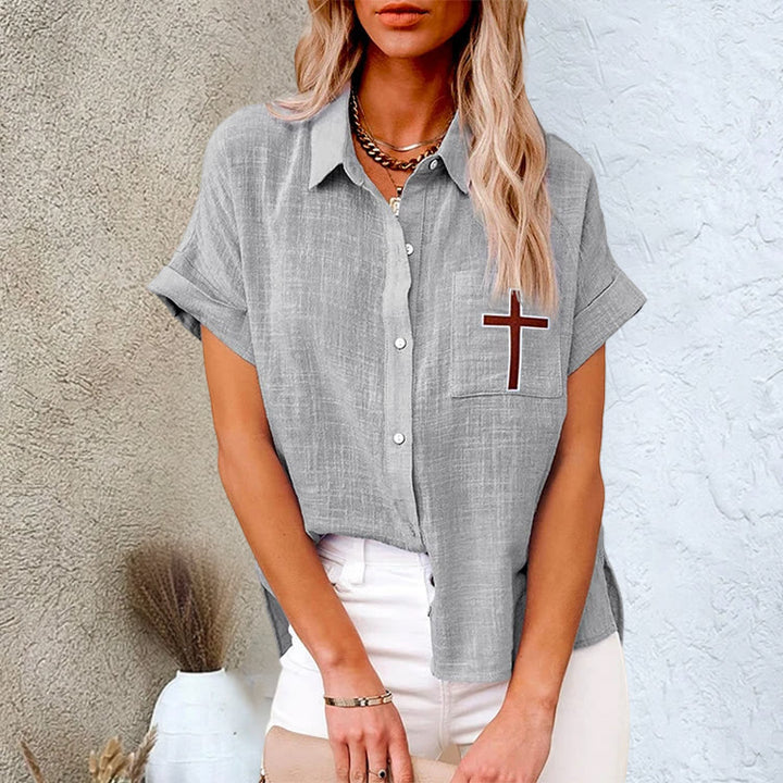 Christianartworkshop Divine Grace Christian Cross Pocket Linen Short Sleeve Shirt