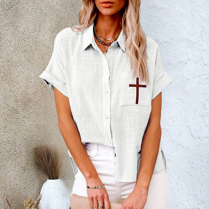 Christianartworkshop Divine Grace Christian Cross Pocket Linen Short Sleeve Shirt