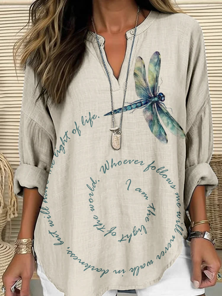 Christianartworkshop Eternal Light Dragonfly Linen Shirt – Walk in Faith and Grace