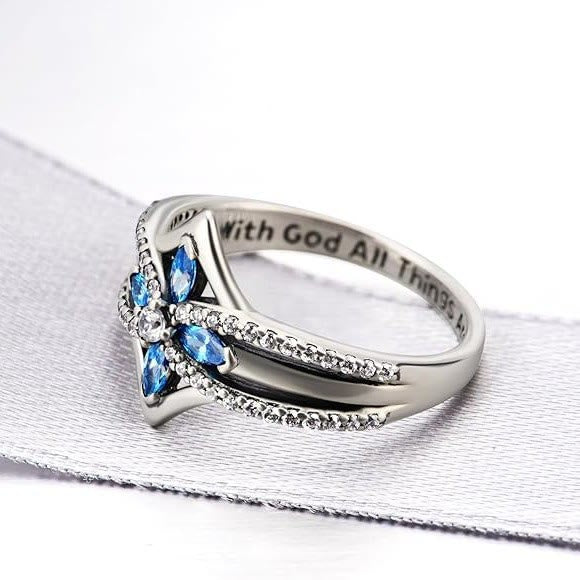 Christianartworkshop Crafted Blue Gemstones Cross Ring: With God All Things Are Possible