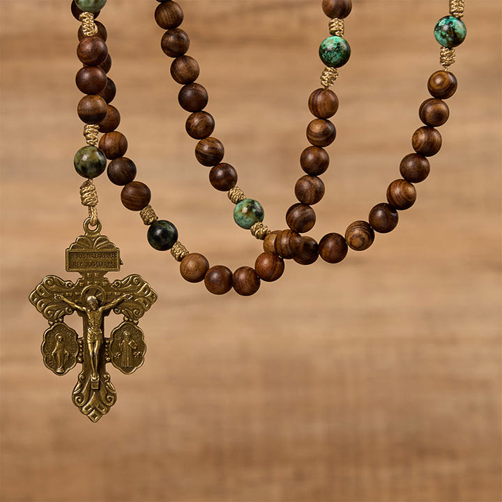 FREE Today: Holy Family & Crucifix of 8mm Handmade Pine Wood & African Turquoise Rosary