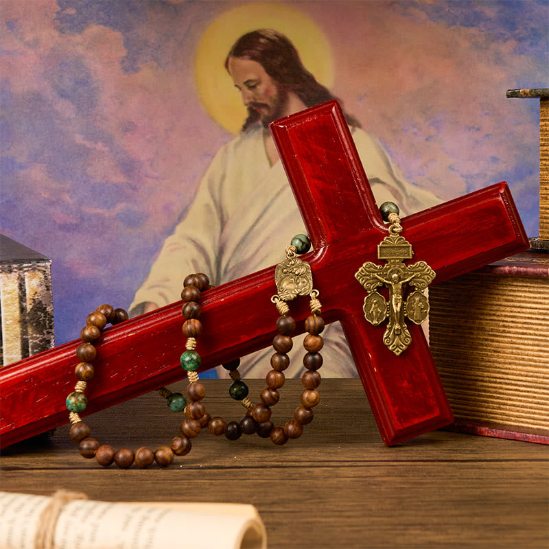 Christianartworkshop Holy Family & Crucifix of 8mm Pine Wood & African Turquoise Rosary