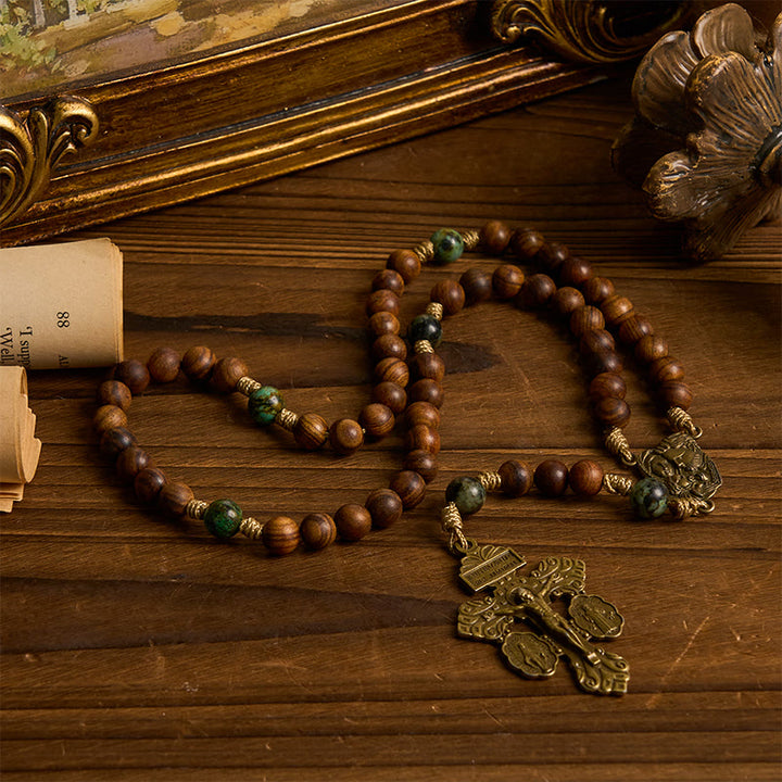 Christianartworkshop Holy Family & Crucifix of 8mm Pine Wood & African Turquoise Rosary