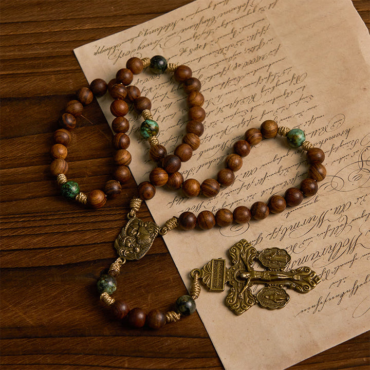 Christianartworkshop Holy Family & Crucifix of 8mm Pine Wood & African Turquoise Rosary