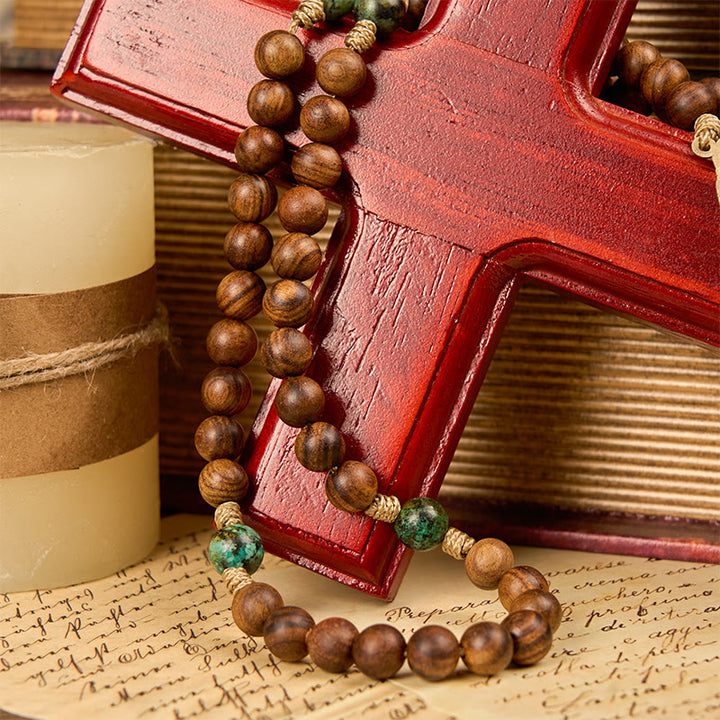 FREE Today: Holy Family & Crucifix of 8mm Handmade Pine Wood & African Turquoise Rosary