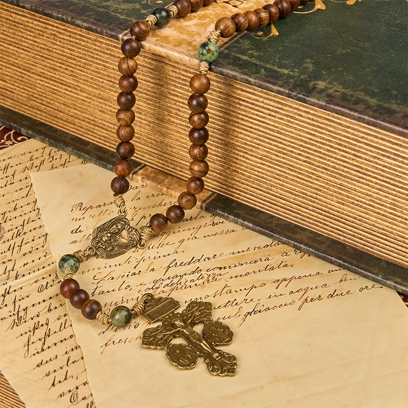 FREE Today: Holy Family & Crucifix of 8mm Handmade Pine Wood & African Turquoise Rosary