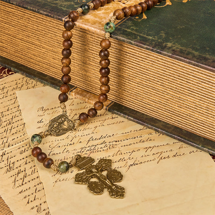 FREE Today: Holy Family & Crucifix of 8mm Handmade Pine Wood & African Turquoise Rosary