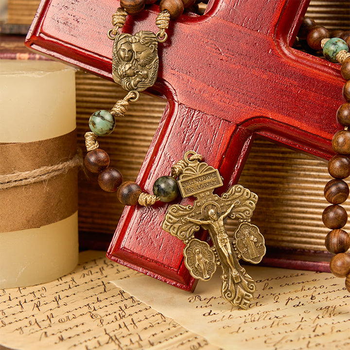 FREE Today: Holy Family & Crucifix of 8mm Handmade Pine Wood & African Turquoise Rosary
