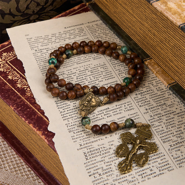 FREE Today: Holy Family & Crucifix of 8mm Handmade Pine Wood & African Turquoise Rosary