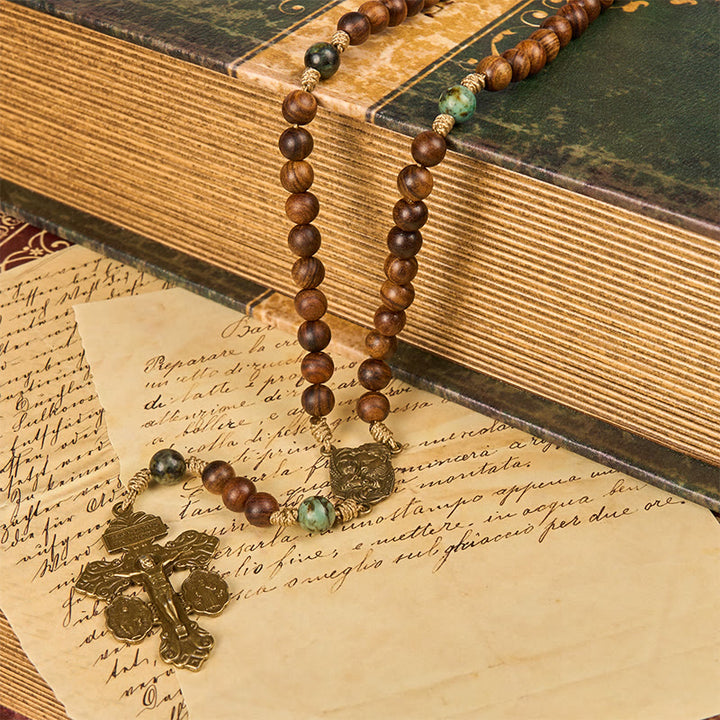 FREE Today: Holy Family & Crucifix of 8mm Handmade Pine Wood & African Turquoise Rosary