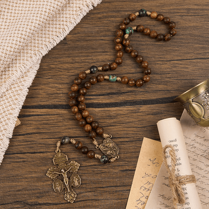 FREE Today: Holy Family & Crucifix of 8mm Handmade Pine Wood & African Turquoise Rosary