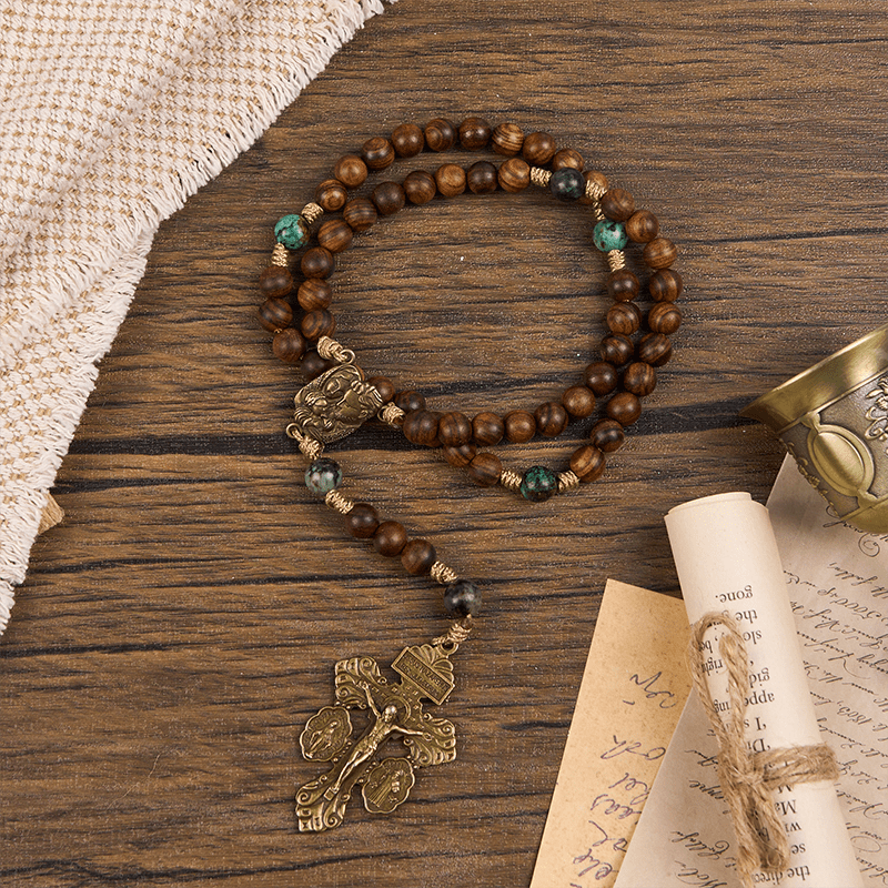 FREE Today: Holy Family & Crucifix of 8mm Handmade Pine Wood & African Turquoise Rosary