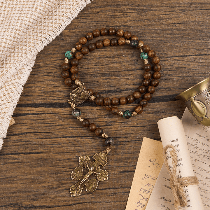 FREE Today: Holy Family & Crucifix of 8mm Handmade Pine Wood & African Turquoise Rosary