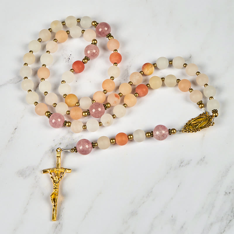 Christianartworkshop Our Lady & Crucifix of 8mm Pink Aventurine & Strawberry Quartz Rosary