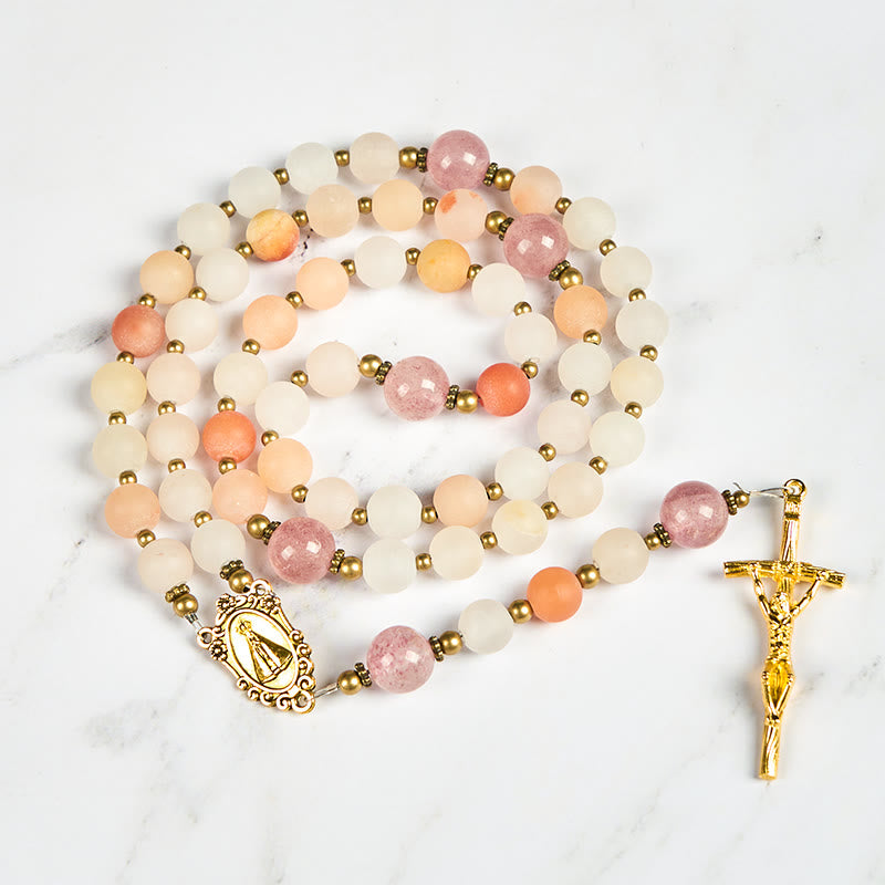 Christianartworkshop Our Lady & Crucifix of 8mm Pink Aventurine & Strawberry Quartz Rosary