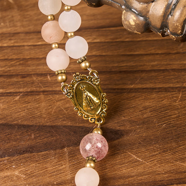 Christianartworkshop Our Lady & Crucifix of 8mm Pink Aventurine & Strawberry Quartz Rosary