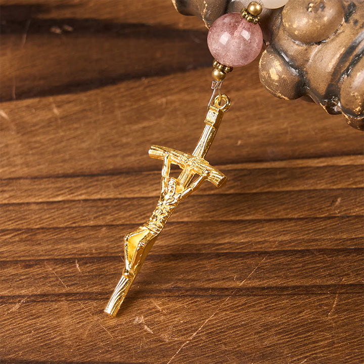 Christianartworkshop Our Lady & Crucifix of 8mm Pink Aventurine & Strawberry Quartz Rosary